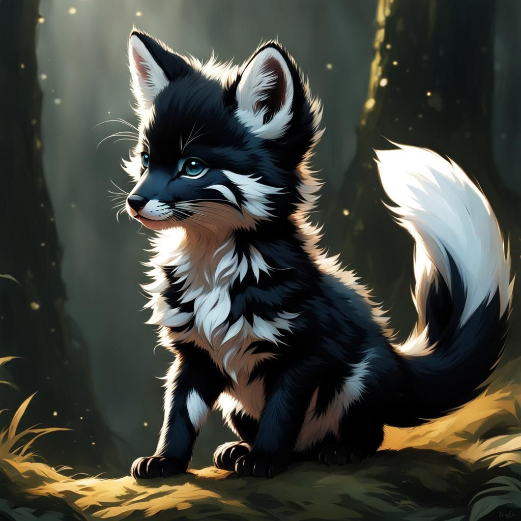 Mystical Black Fox Cub with White Stripes