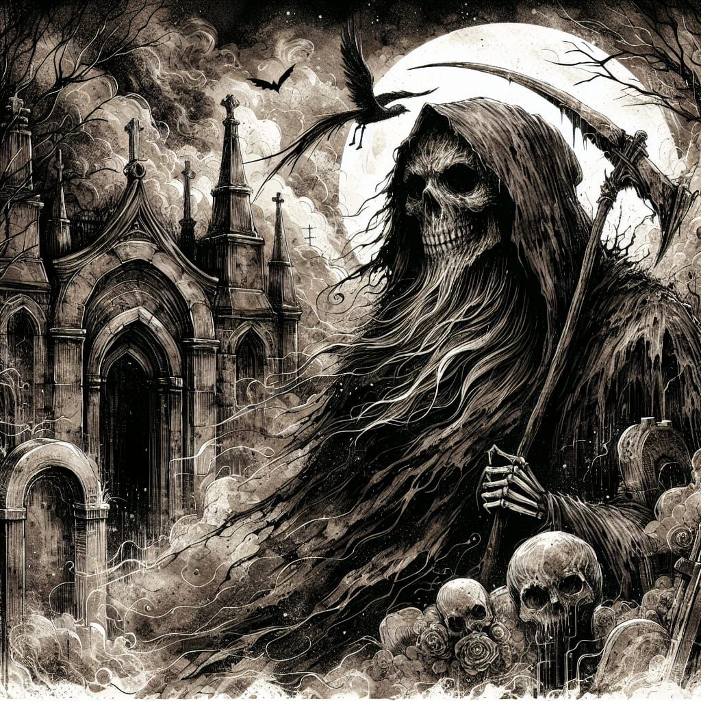 Eerie Romanticism: Grim Reaper in Cemetery Illustration