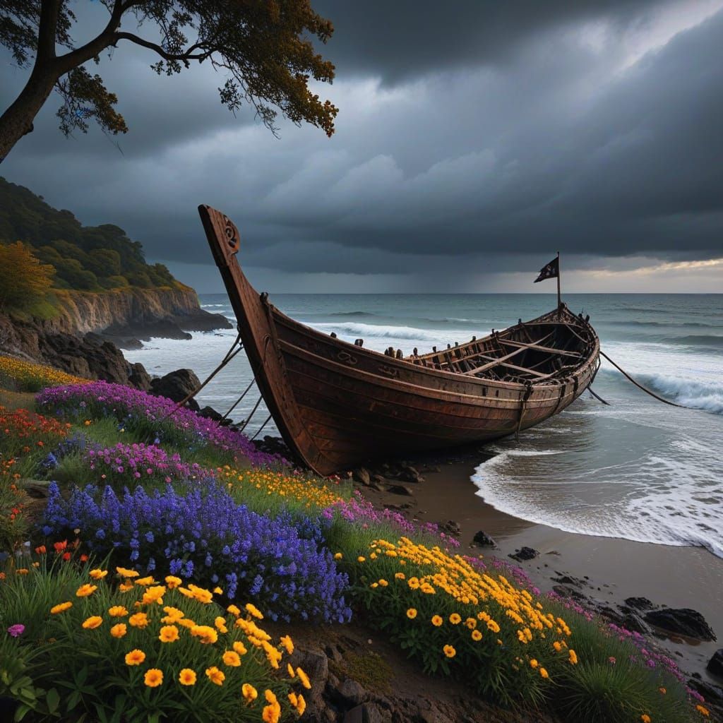 Viking Longship Shipwrecked in Autumn under a Dark, Moody Sk...