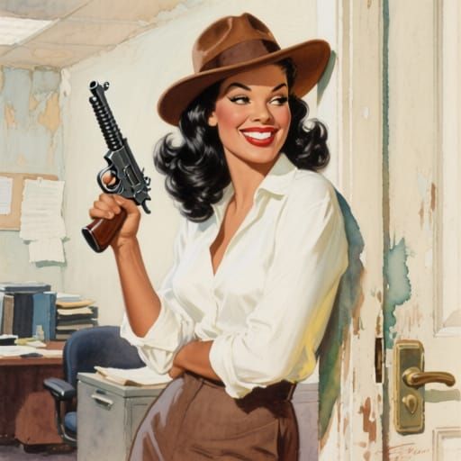 Impressionistic Watercolor of Woman with Fedora and Thompson...