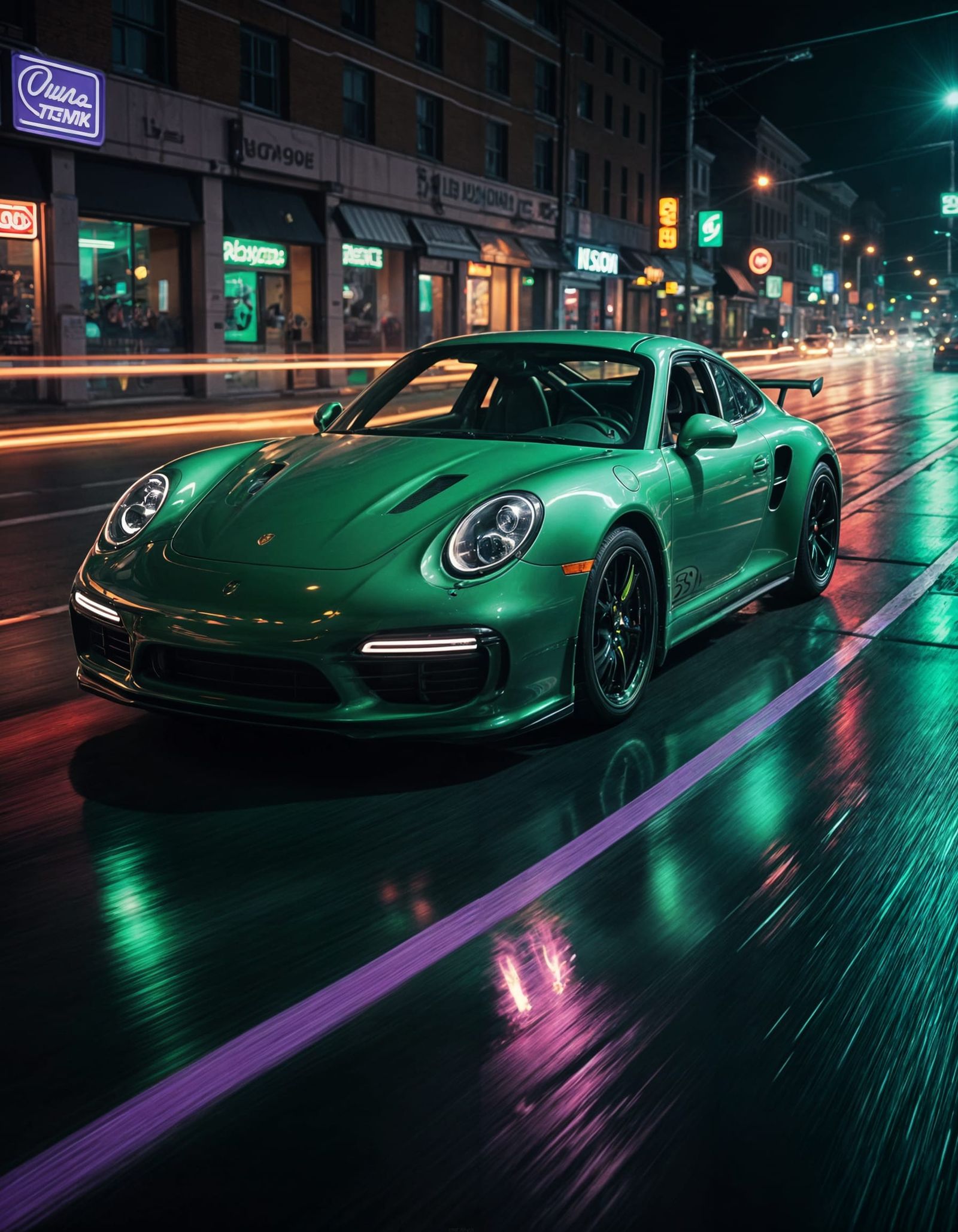 Porsche Speeding with Green Flames in Cinematic Style