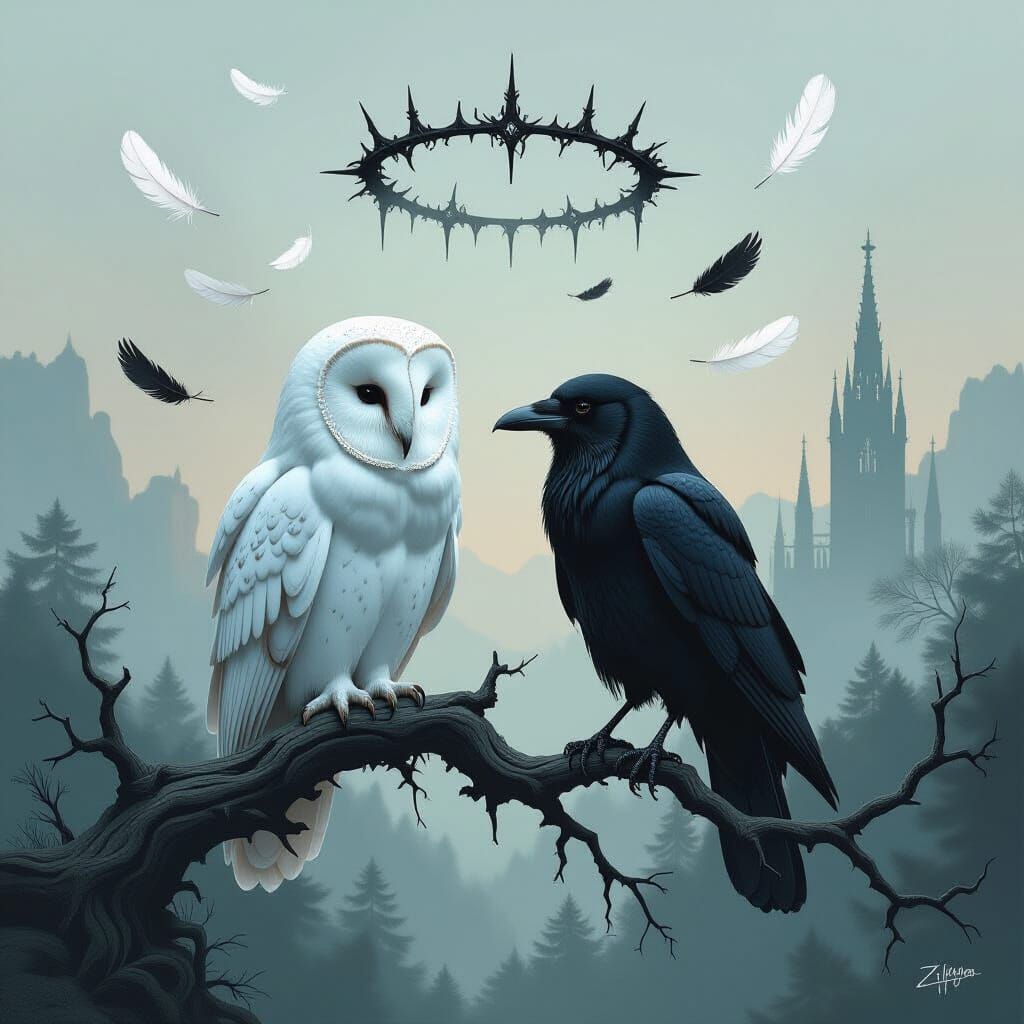 Gothic Realism: Owl and Crow on Decayed Branch