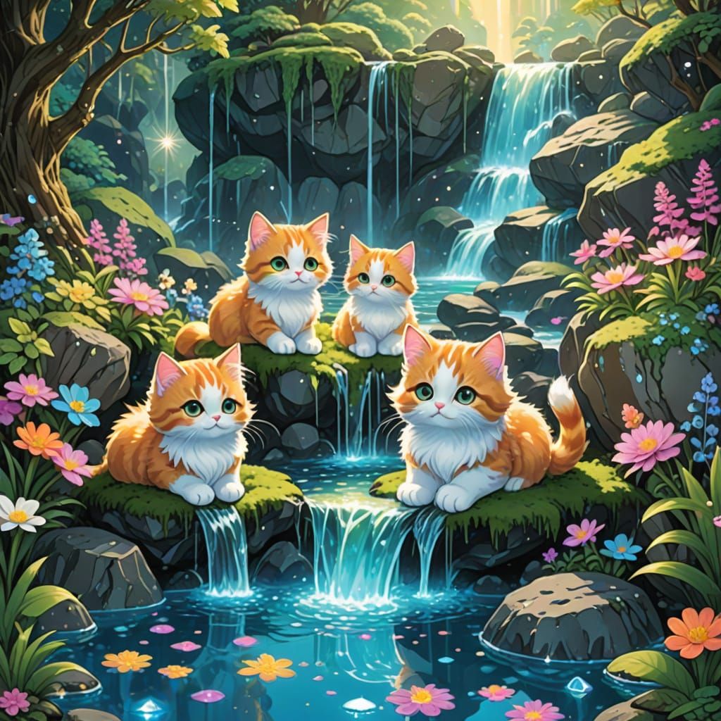 Starlight Waterfall with Kittens in Ghibli Style