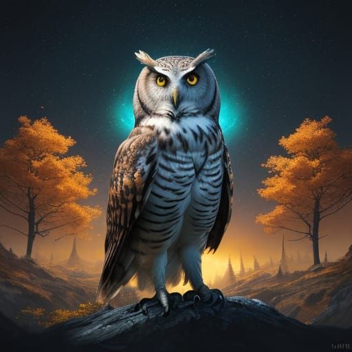 Owl and Forest Double Exposure in Anime Style