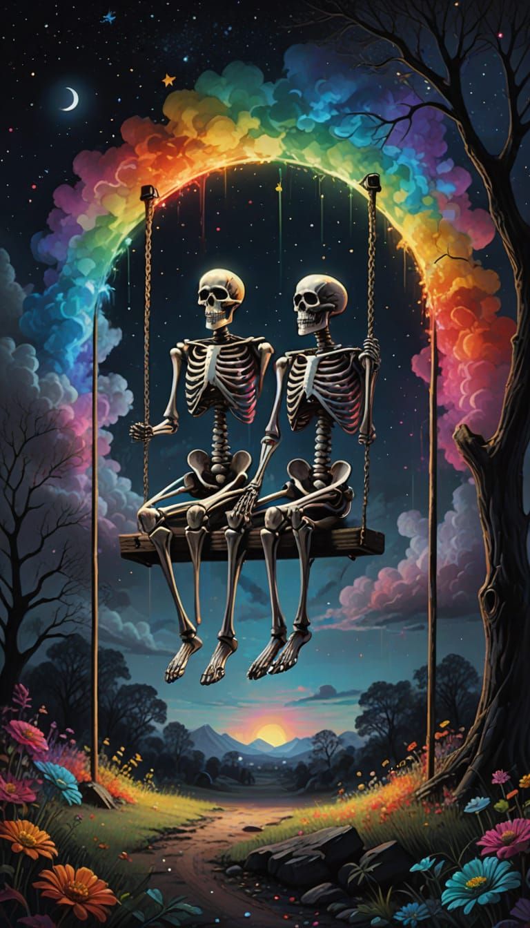 Two Skeletons Swing in Harmony Under a Vibrant Rainbow