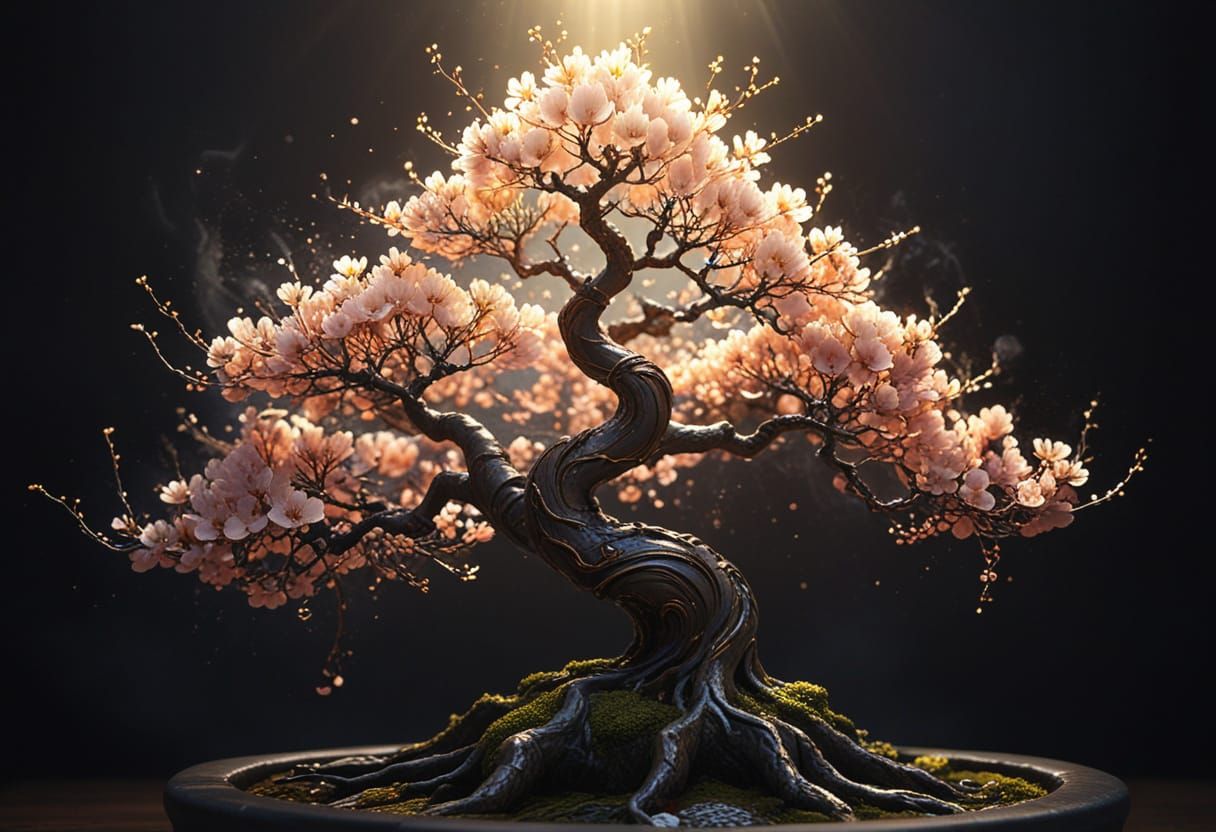 Vibrant Bonsai Plum Tree in Ethereal Light