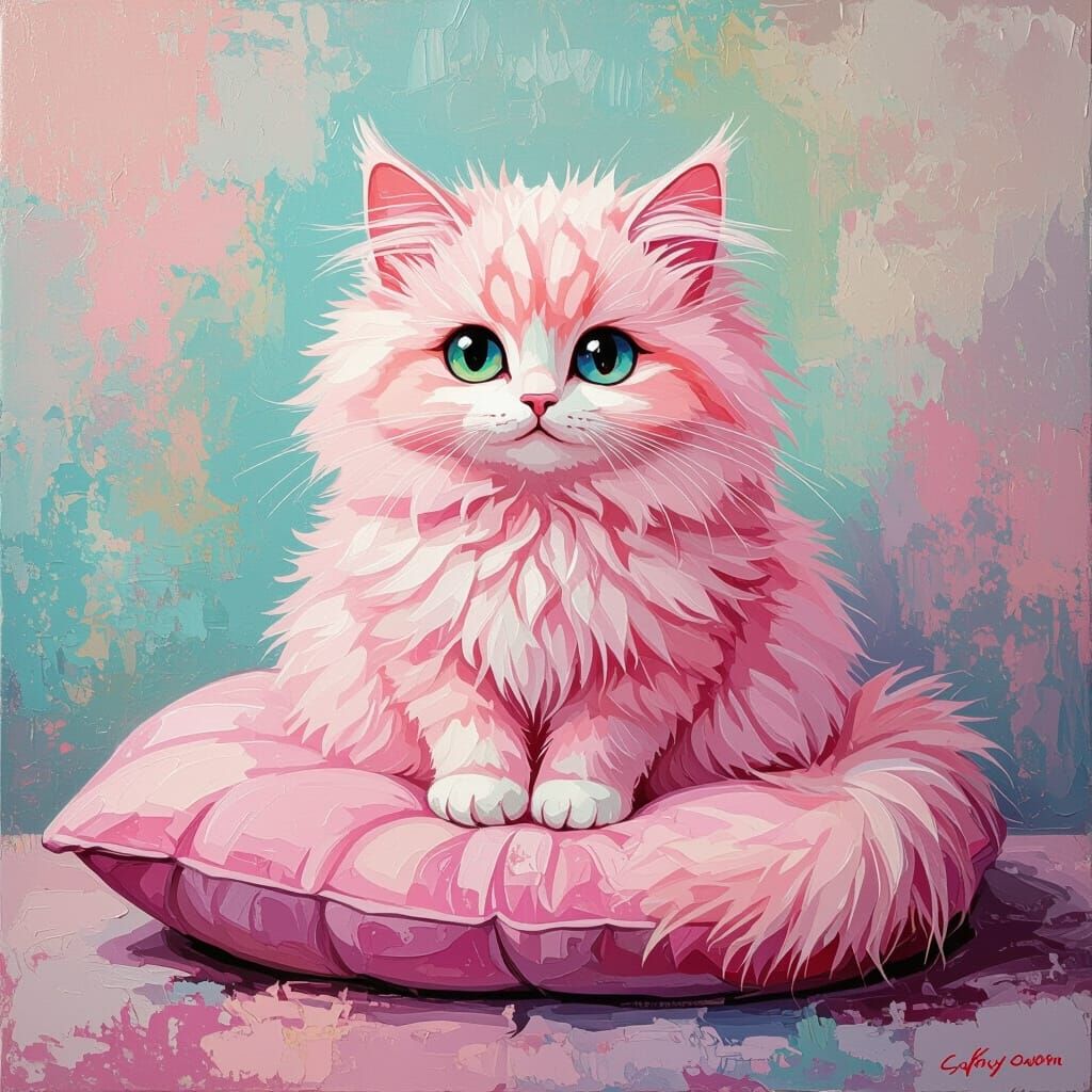 Fluffy Pink Cat in a Surreal Pastel Dreamscape