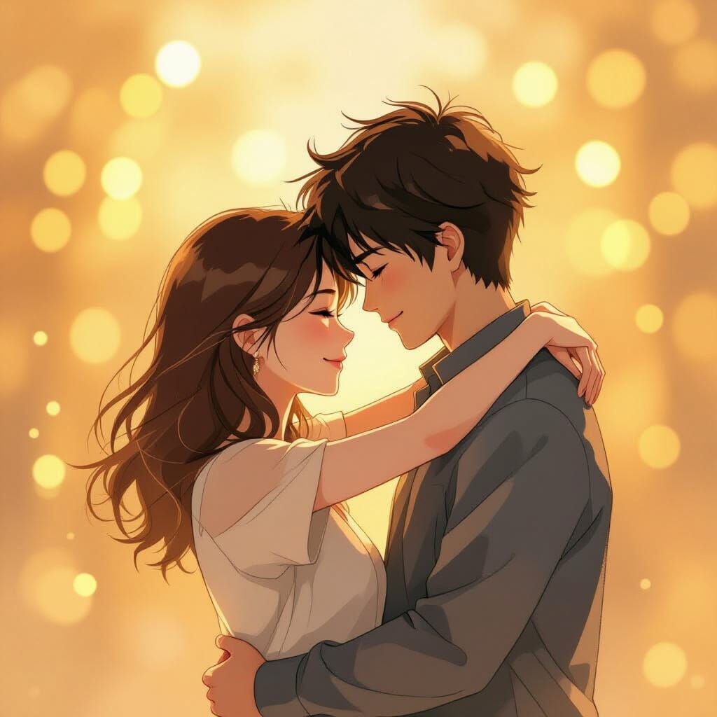 Romantic Embrace in Anime Style with Soft Lighting