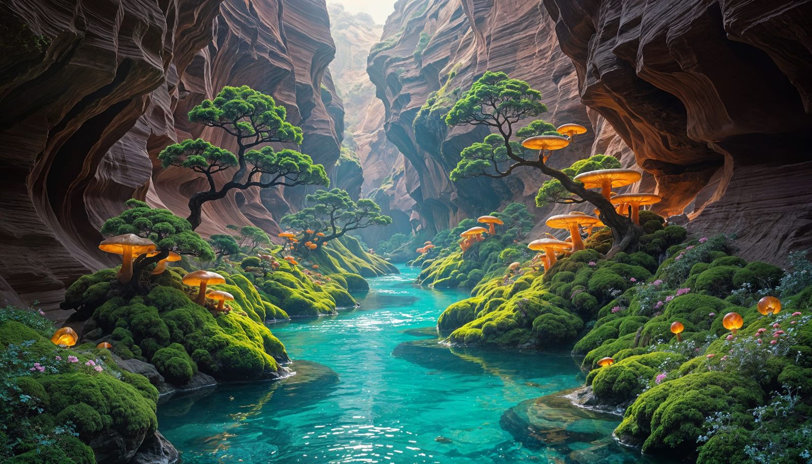 Antelope Canyon with Glowing Flora and Bonsai Trees