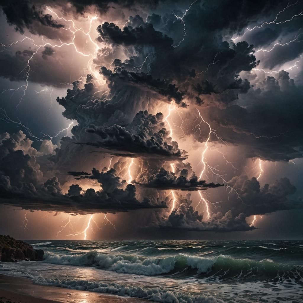 Night Ocean Storm with Flashing Lightning