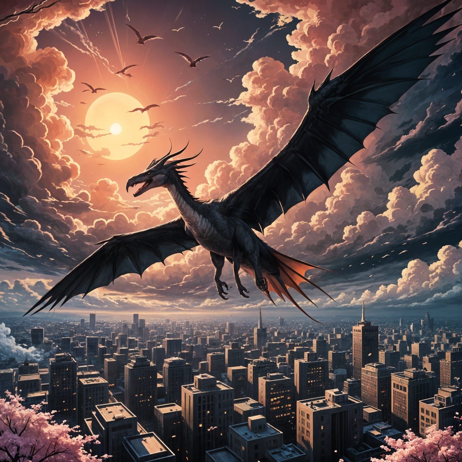 Vibrant Pterodactyl Soars Through Cloud City in Anime-Inspir...