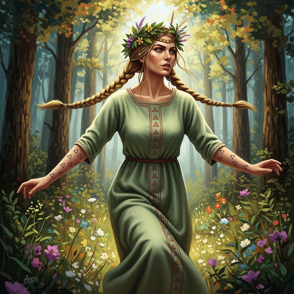 Kotys: Thracian Goddess in Forest, Gouache Painting