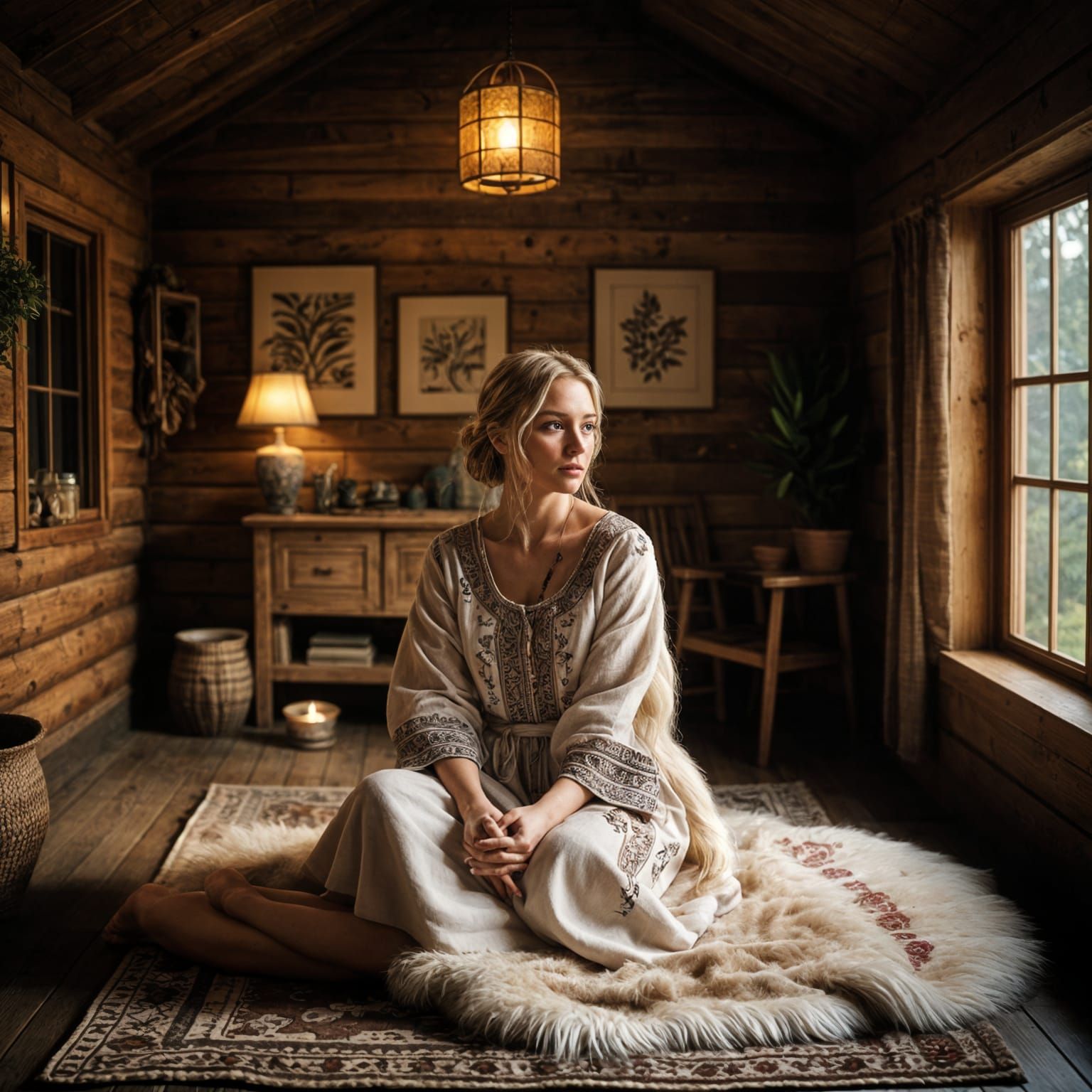 Gentle Slavic Woman in Rustic Cabin