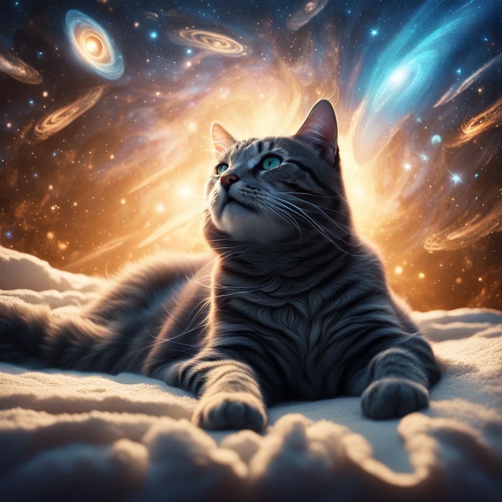 Celestial Cat in Bed of Stars: Digital Matte Painting
