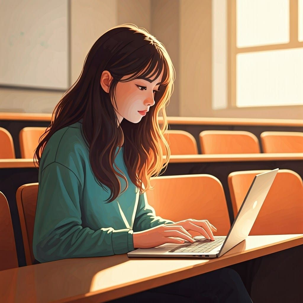 Student Working on Laptop in Lecture Hall