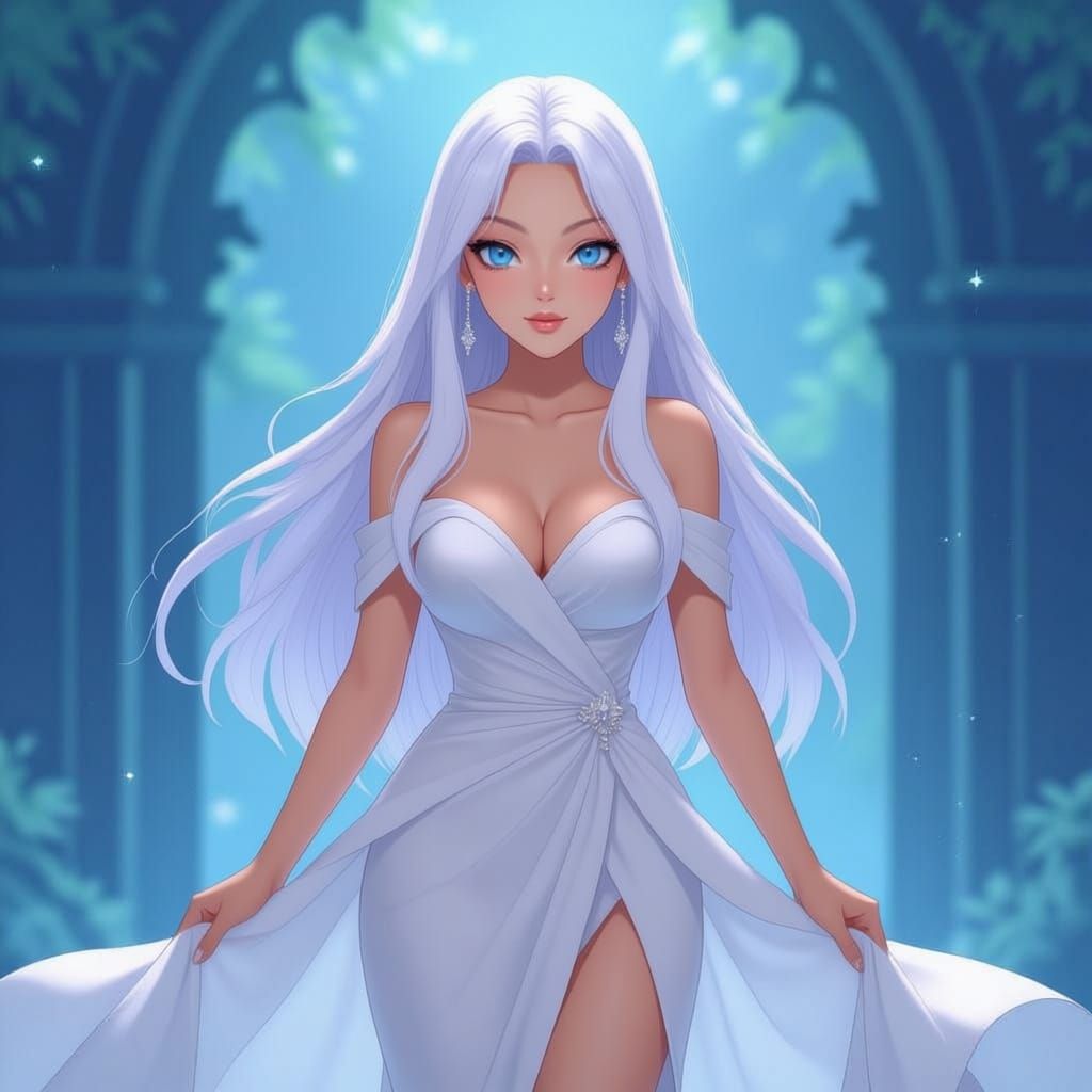 Anime Style Woman in White Dress with Blue Eyes