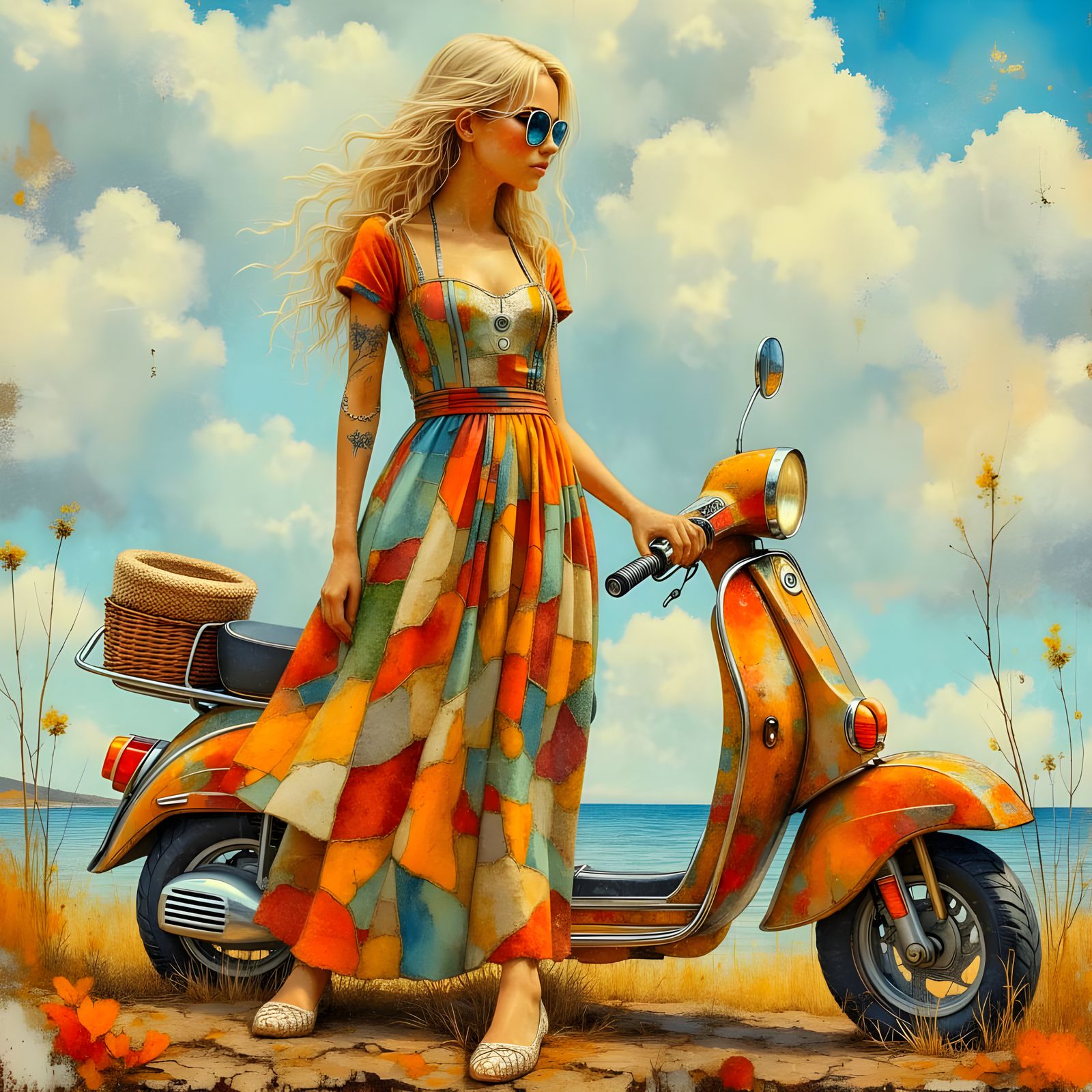 Woman in Patchwork Dress With Custom Vespa