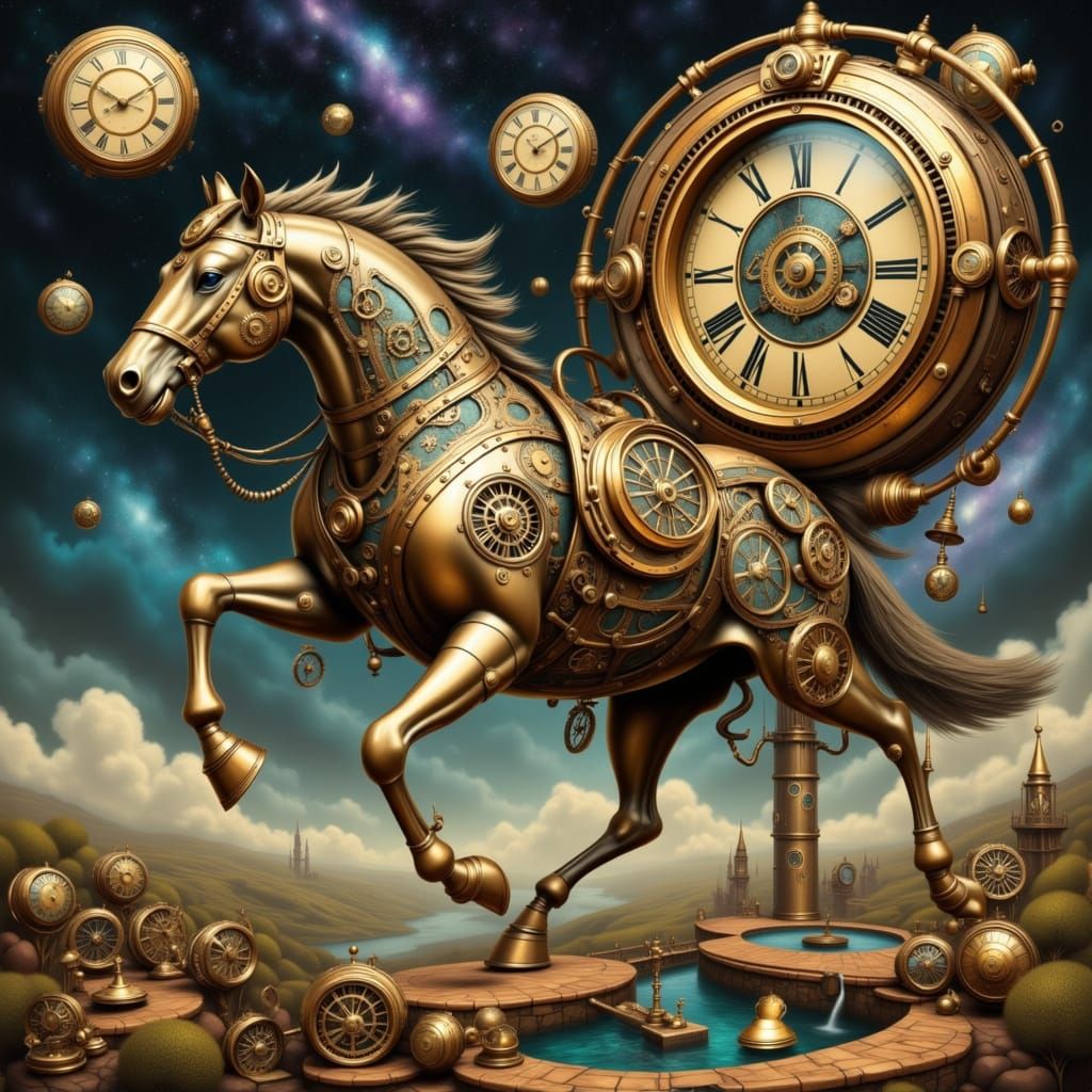 Clockwork Horse Gallops Through Surreal Nebula Landscape