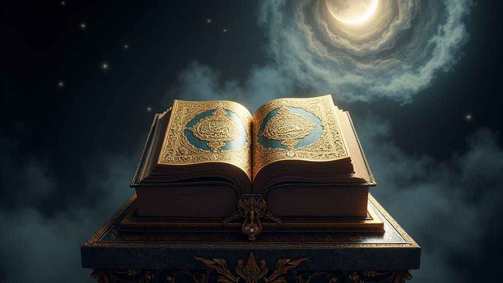 Ornate Koran on Pedestal with Celestial Background
