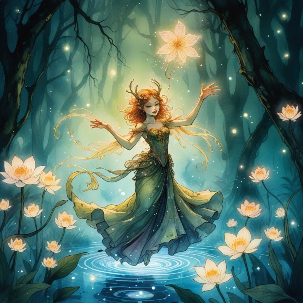 Mystical Creature Dancing: Watercolor and Ink Fantasy