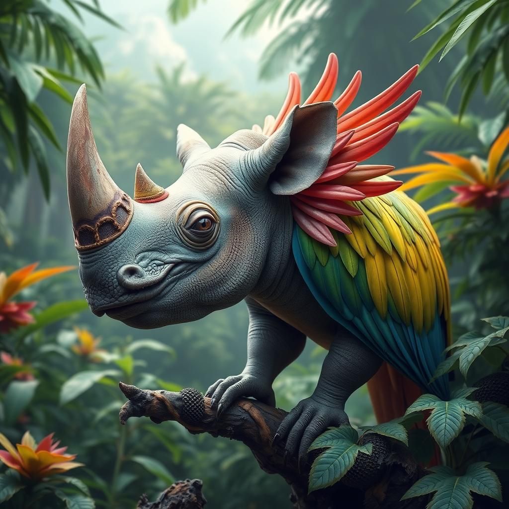 Rhinoceros Parrot Hybrid in Jungle, Fantasy Art