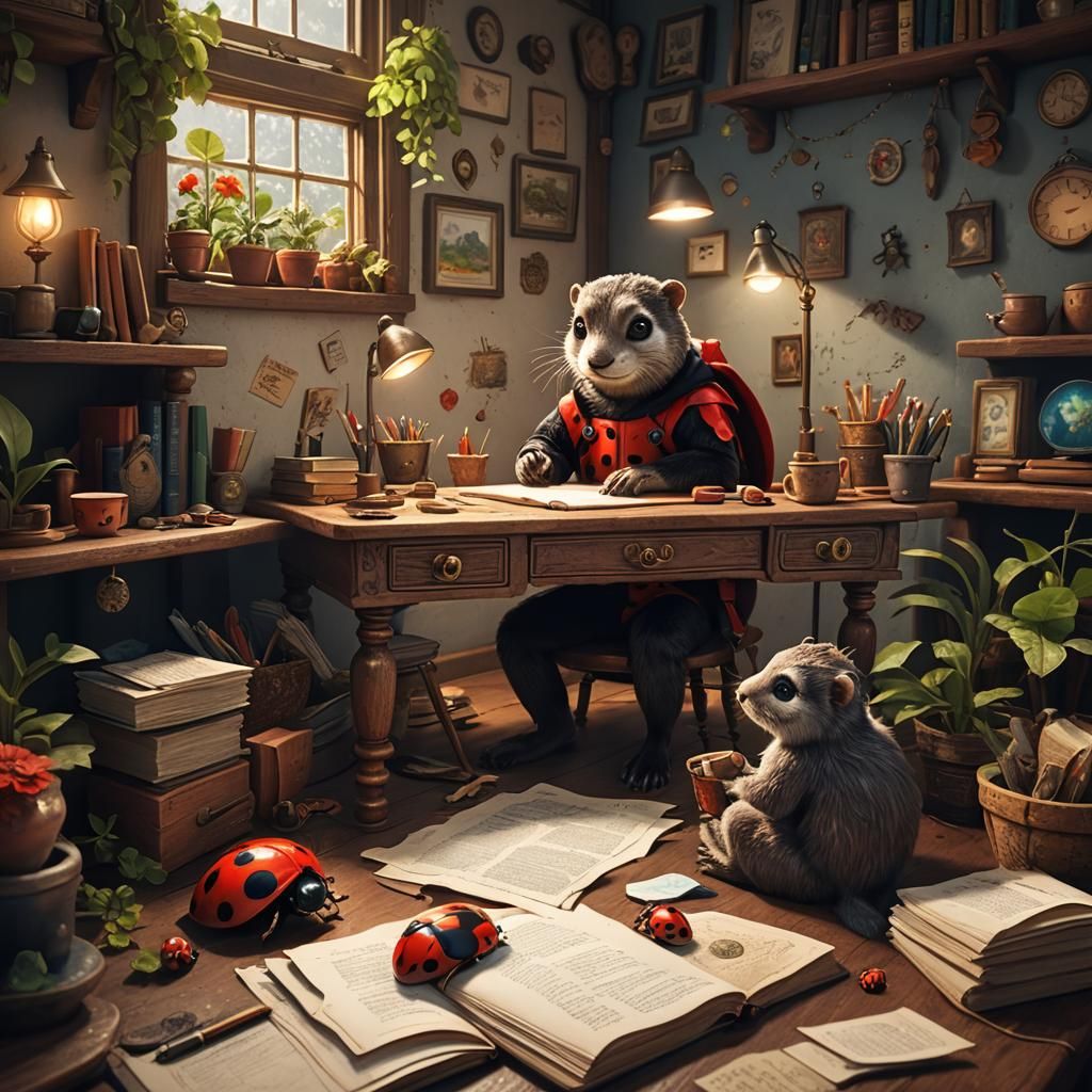 Otter Writing Stories in Hygge Home, Digital Matte Painting