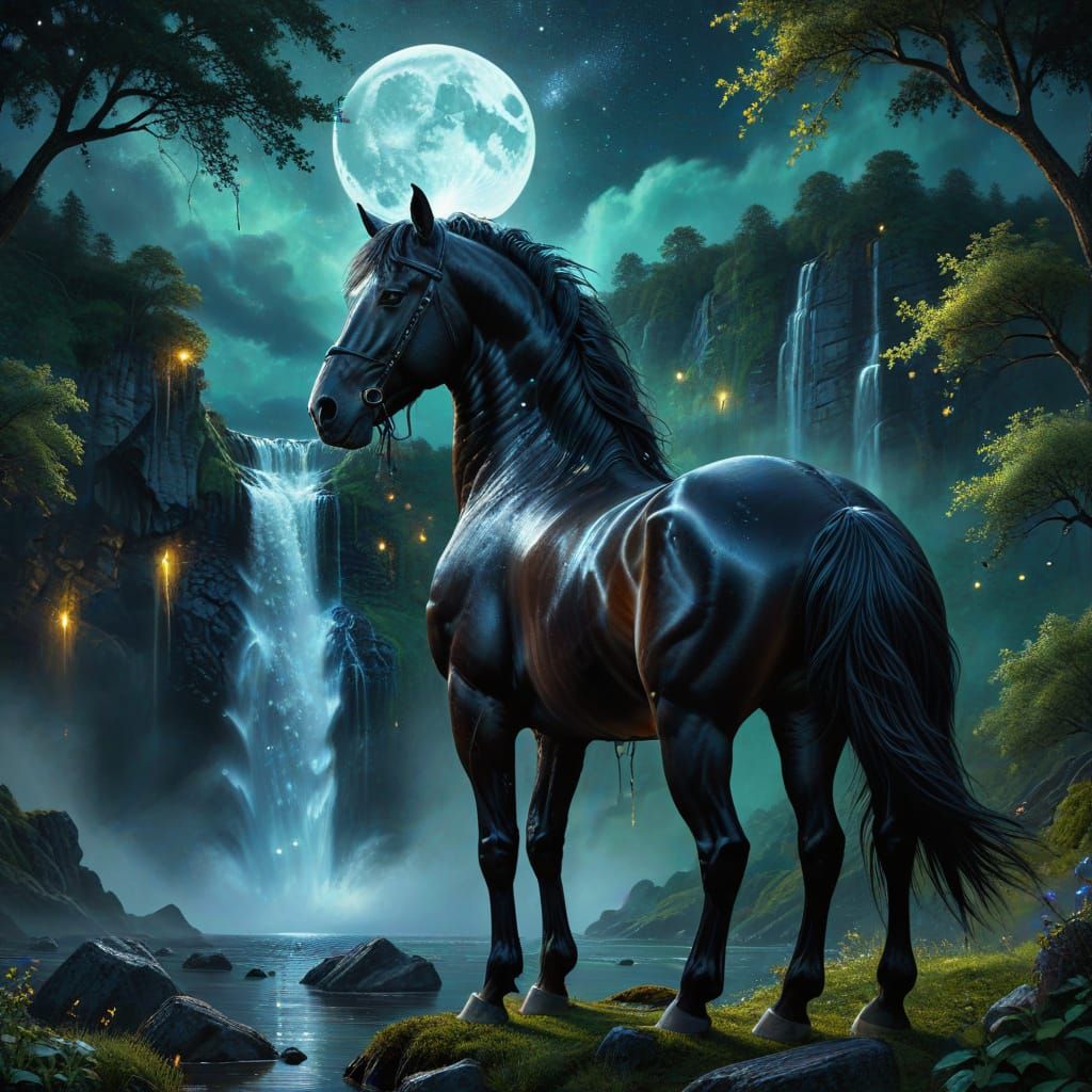 Ethereal Black Horse Illuminated by Triadic Colors Under a F...