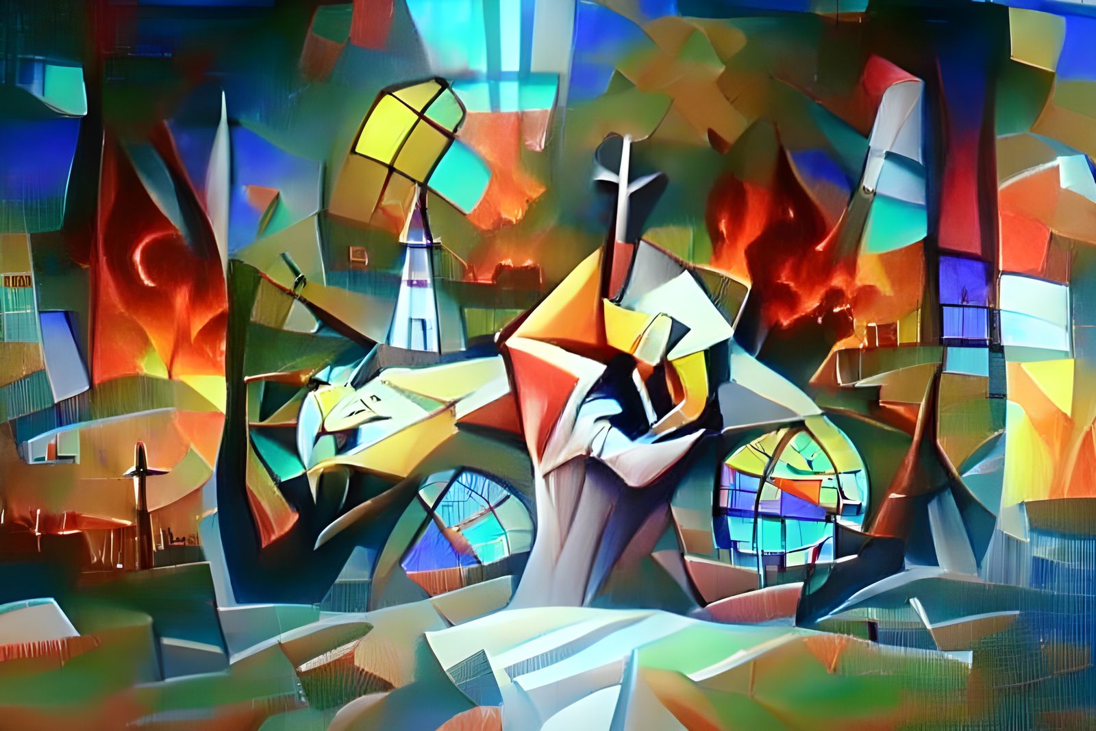 Abstract Cubist Church Ablaze: A Last Day on Earth