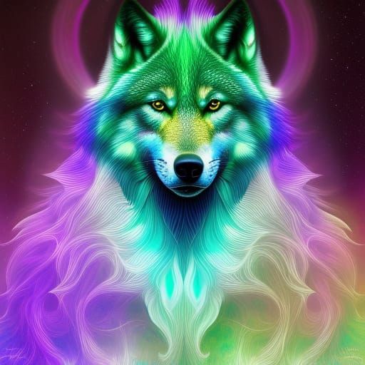 Aurora Wolf: Cosmic Holographic Illustration