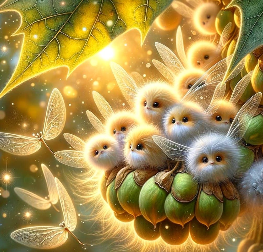 Magical Winged Creatures in Plane Tree, Watercolour and Oil