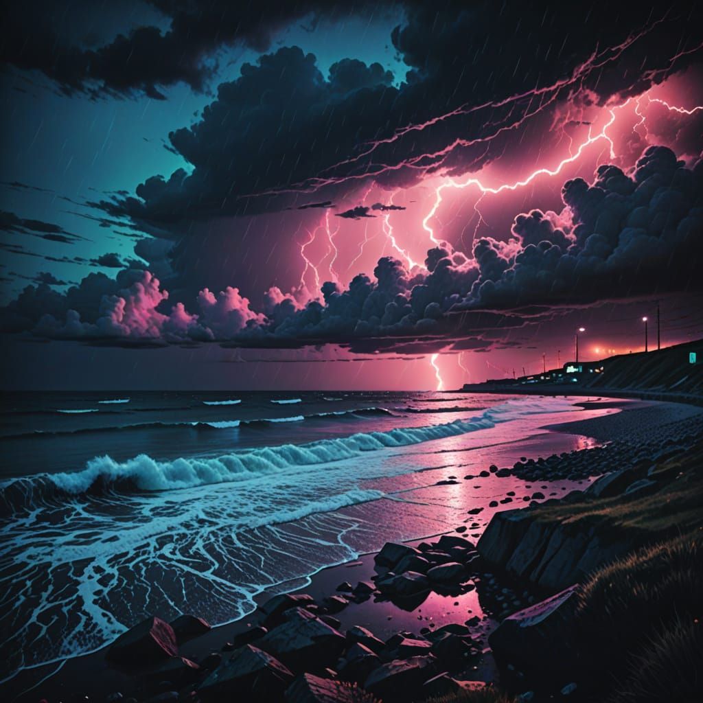 Jutland Coast Storm in Synthwave Neon Retro Style