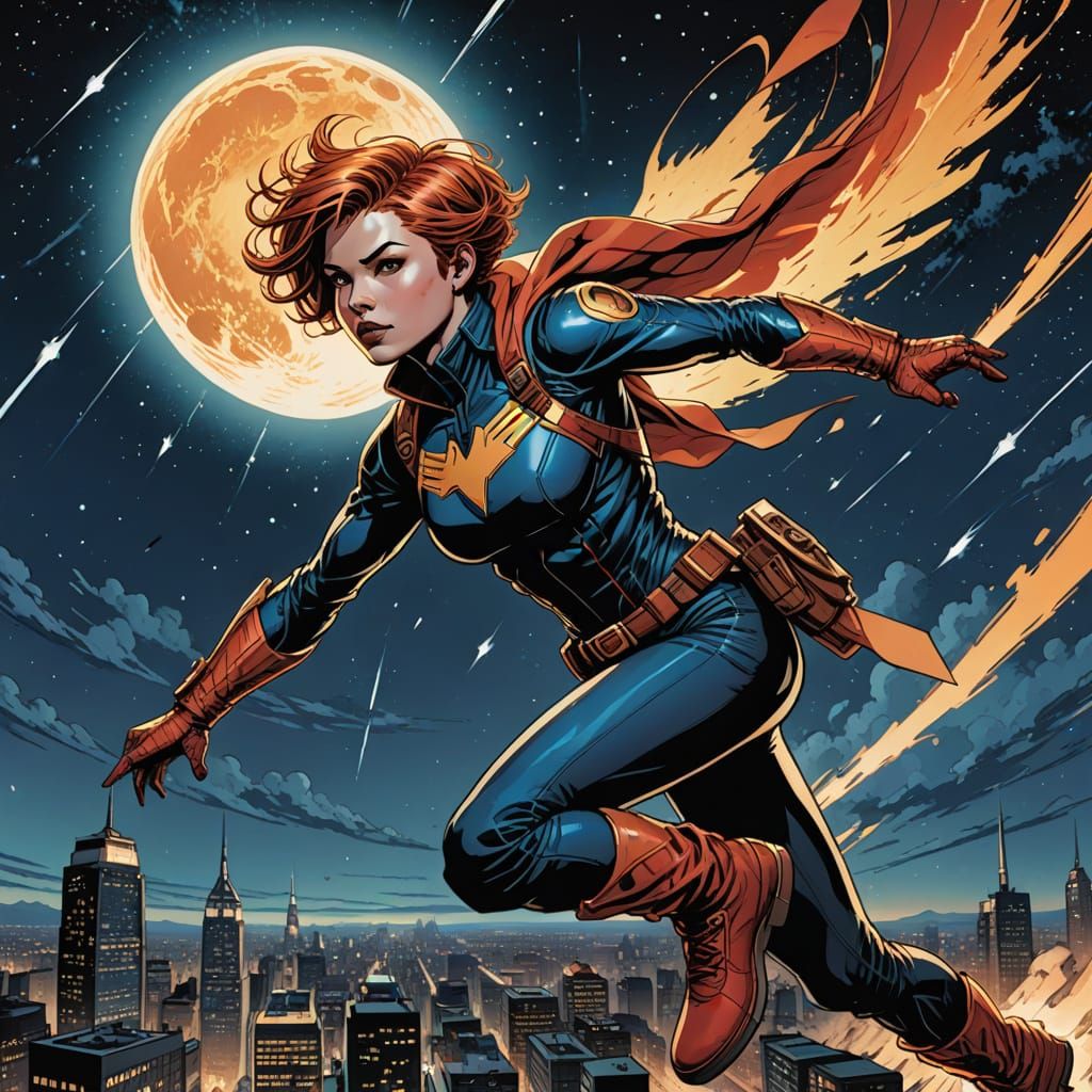 Heroic Alt Punk Woman Flying Swiftly in Night Sky