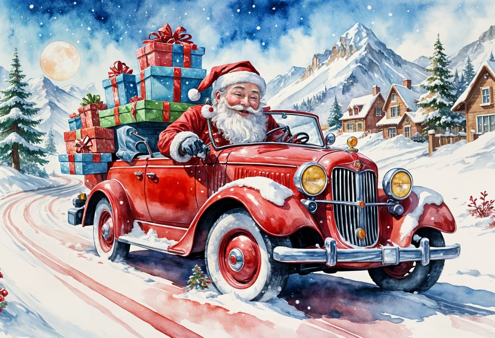 Santa Drives a Red Convertible: Watercolor Illustration