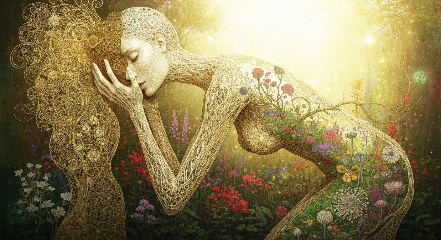 Filigree Woman Kisses Surreal Garden: Concept Art