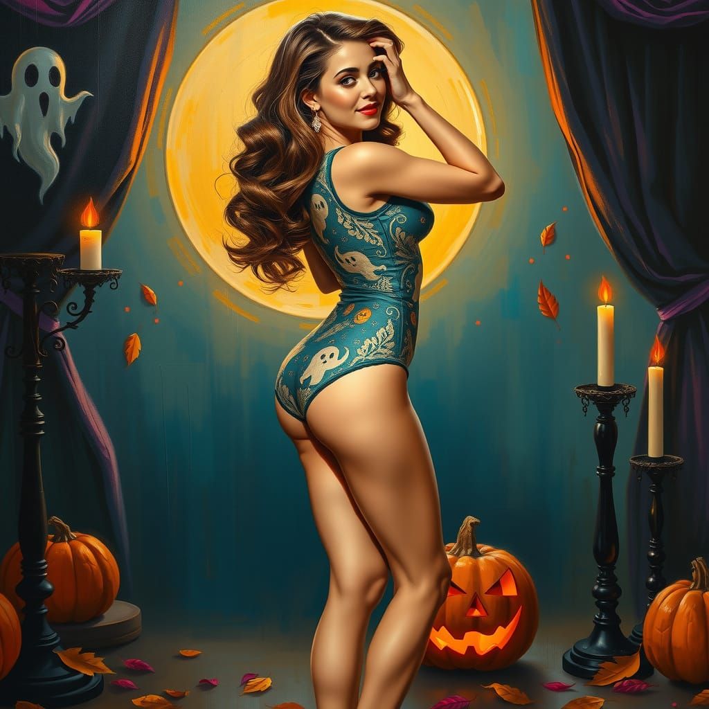 Pinup Halloween Woman in Bodysuit with Painterly Style