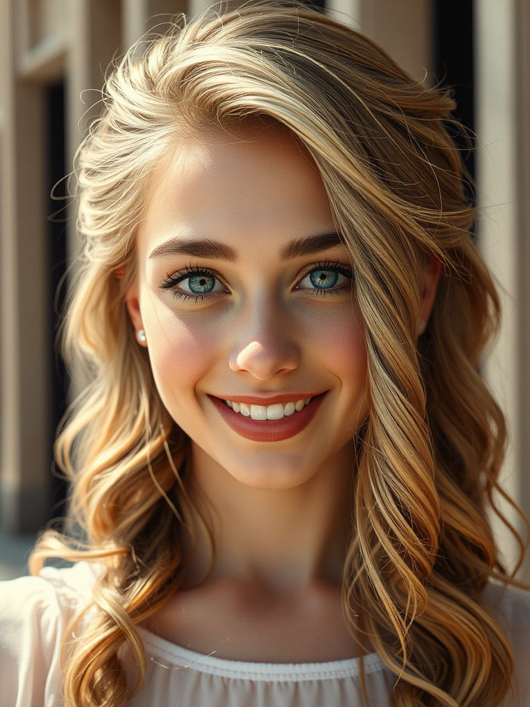 Blonde Woman Portrait with Flowing Hair, Digital Art