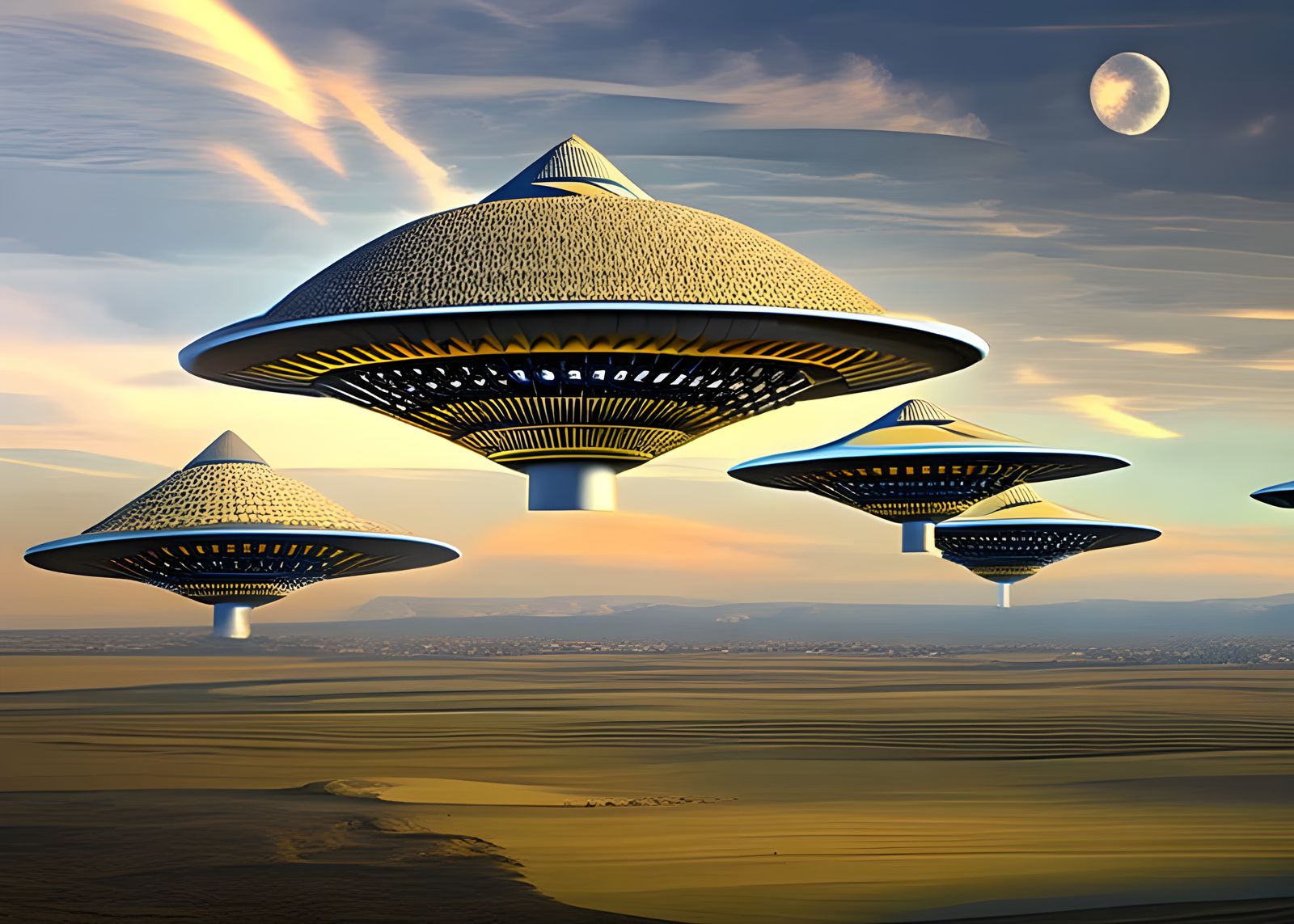 UFOs Over Aztec Pyramids in Hyperrealistic Detail