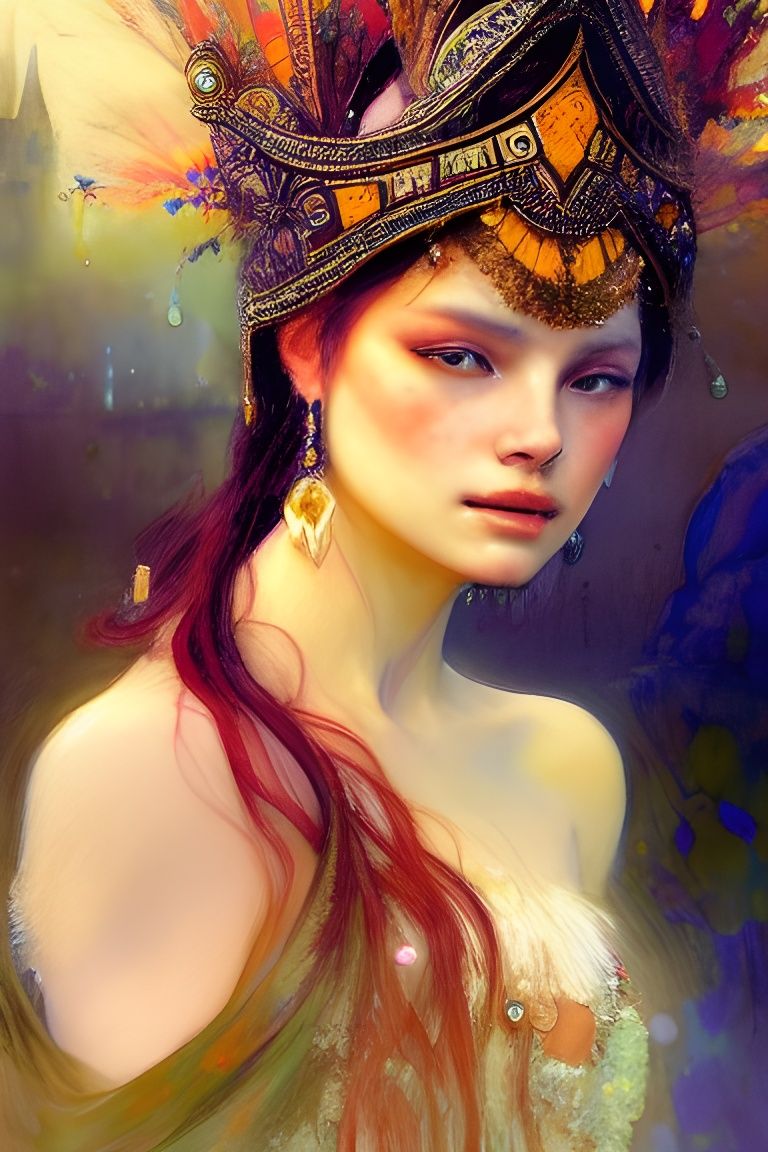 Goddess Portrait with Castle Headdress in Gouache