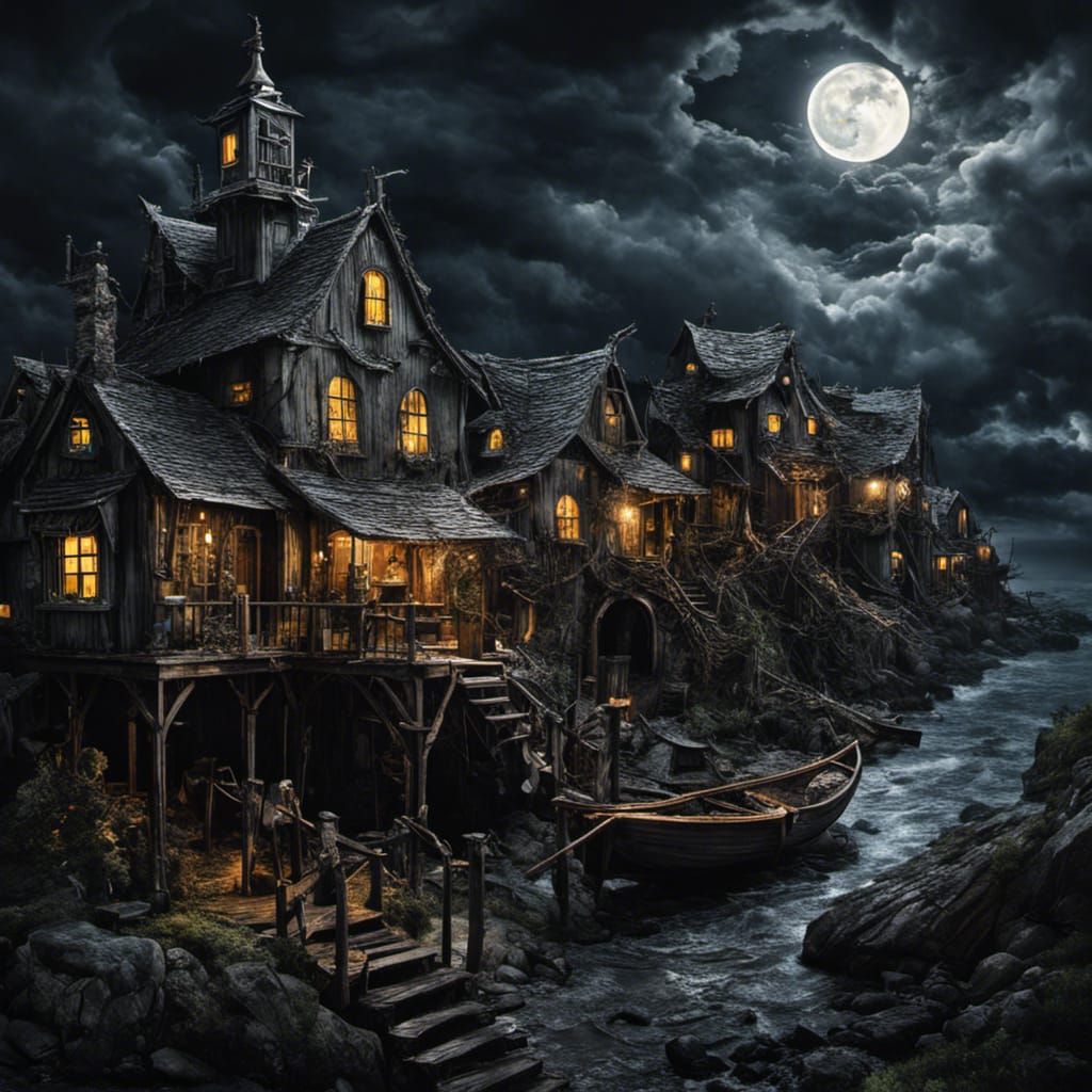 Creepy Gothic Fishing Village in Tim Burton Style