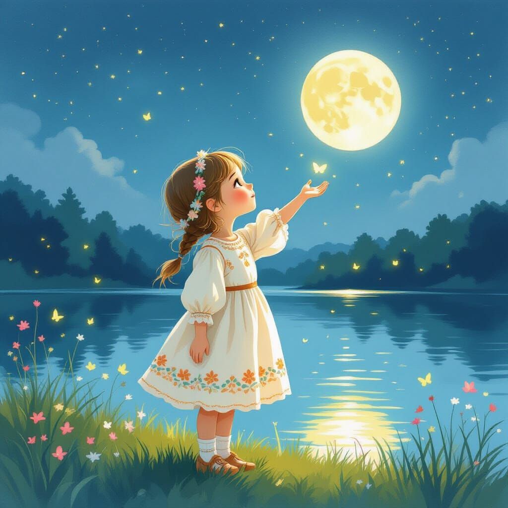 Ukrainian Girl Reaching for Moon in Watercolor Style