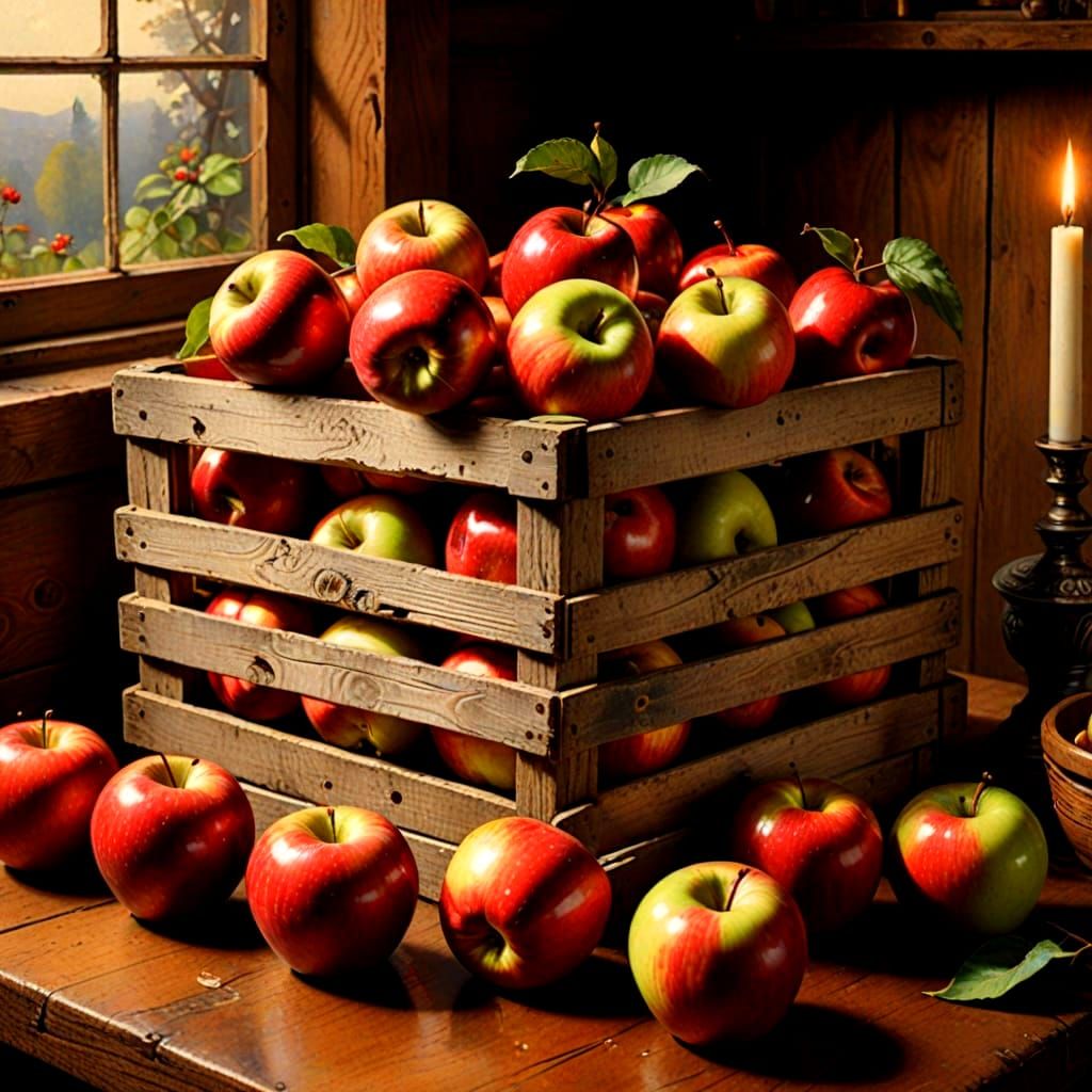 Hyperdetailed Retro Apple Crate in Vibrant European Style