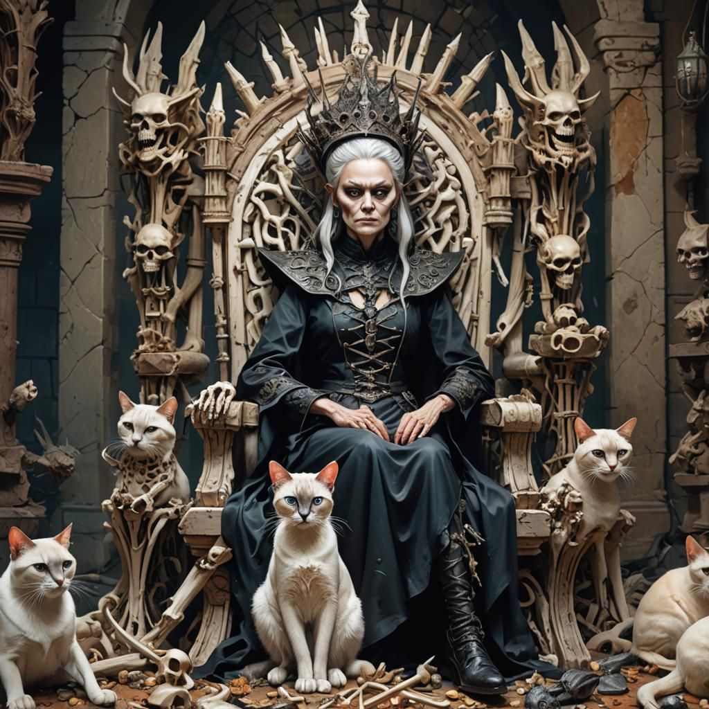 Evil Witch on Bone Throne with Siamese Cat