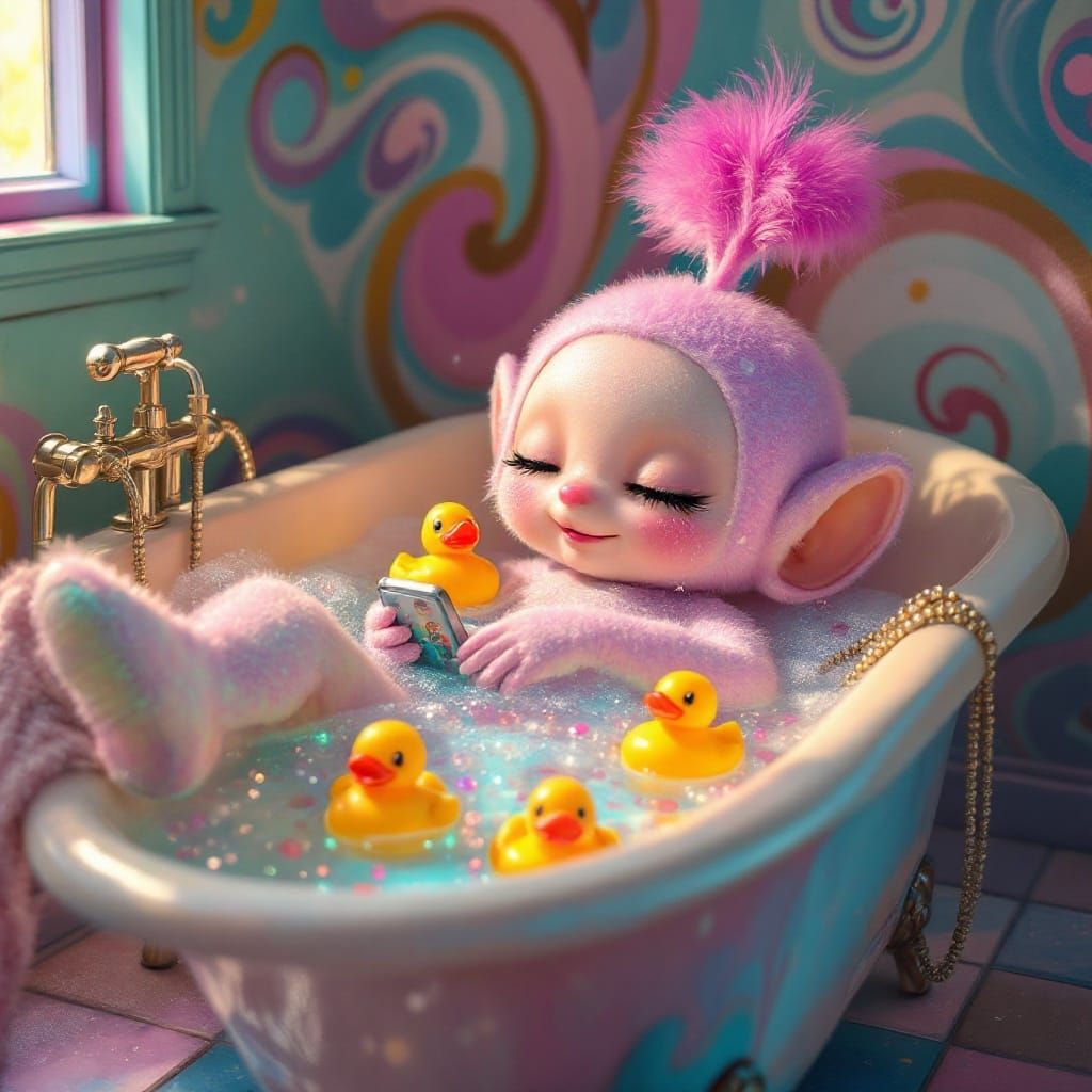Vibrant Creature Relaxing in a Whimsical Bathtub Scene