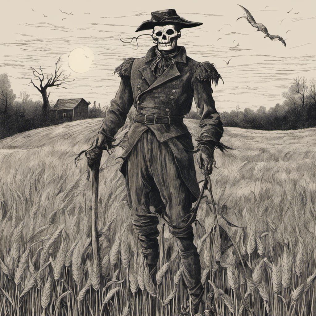 Infernal Scarecrow in Wheat Field: Dark Fantasy Art