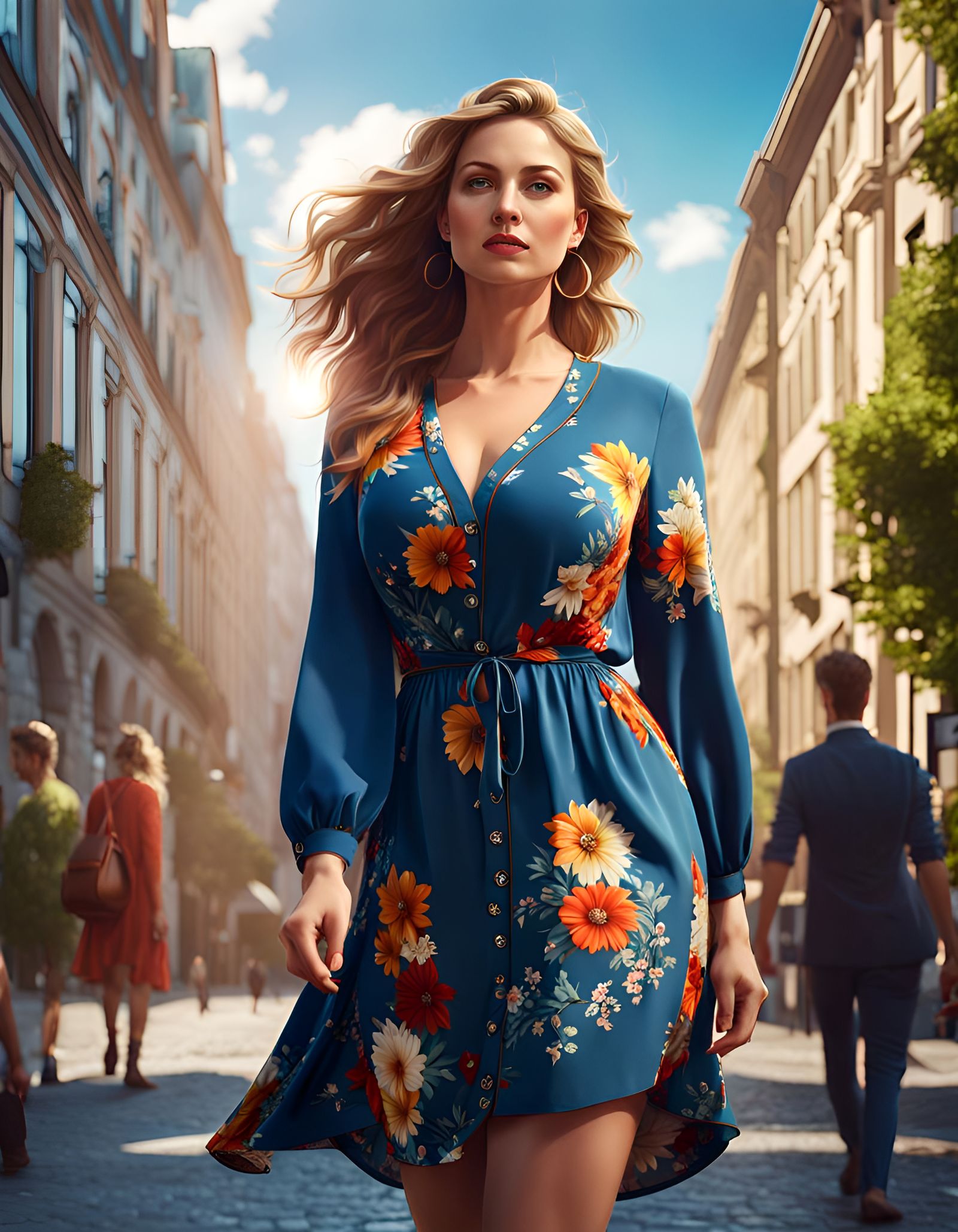 Woman in Summer Dress in City, Detailed Matte Painting