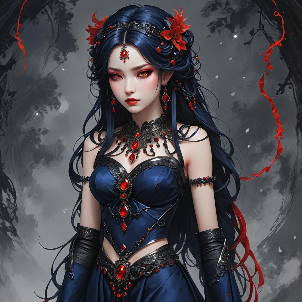 Anime Woman with Crimson Eyes and Sapphire Dress