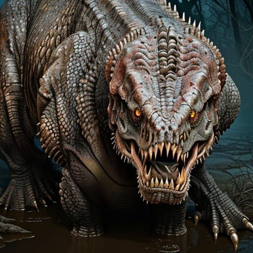 Hyperrealistic Zombie Tyrannosaurus Rex in Murky Watering Ho...