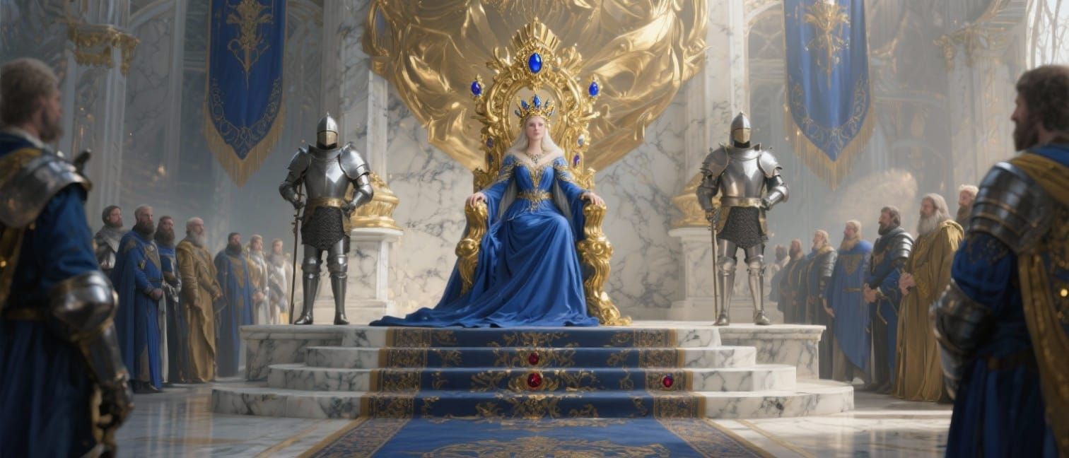Queen on Ornate Throne with Nobles, Detailed Concept Art