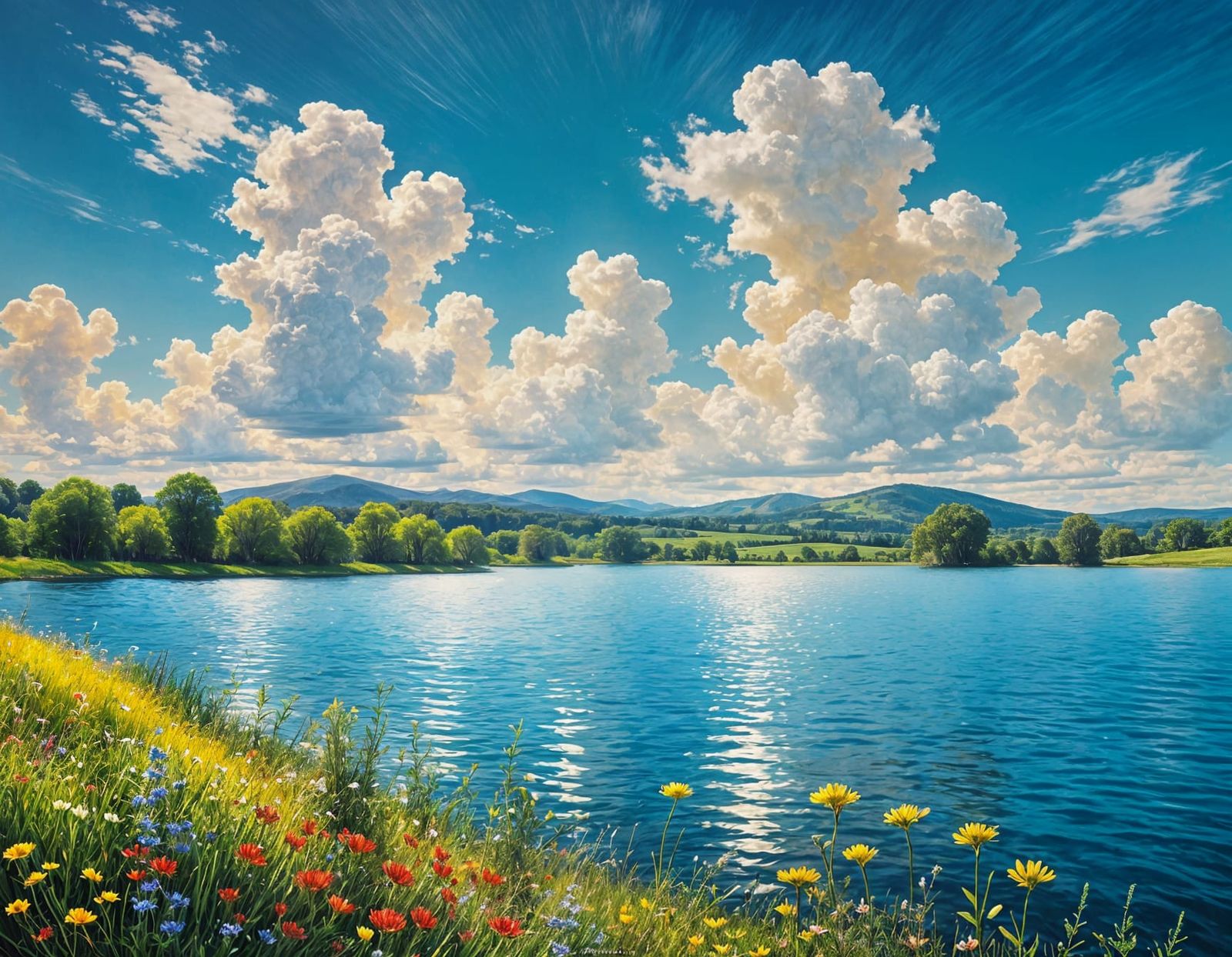 Serenely Beautiful Lakeside Landscape in Vibrant Colour