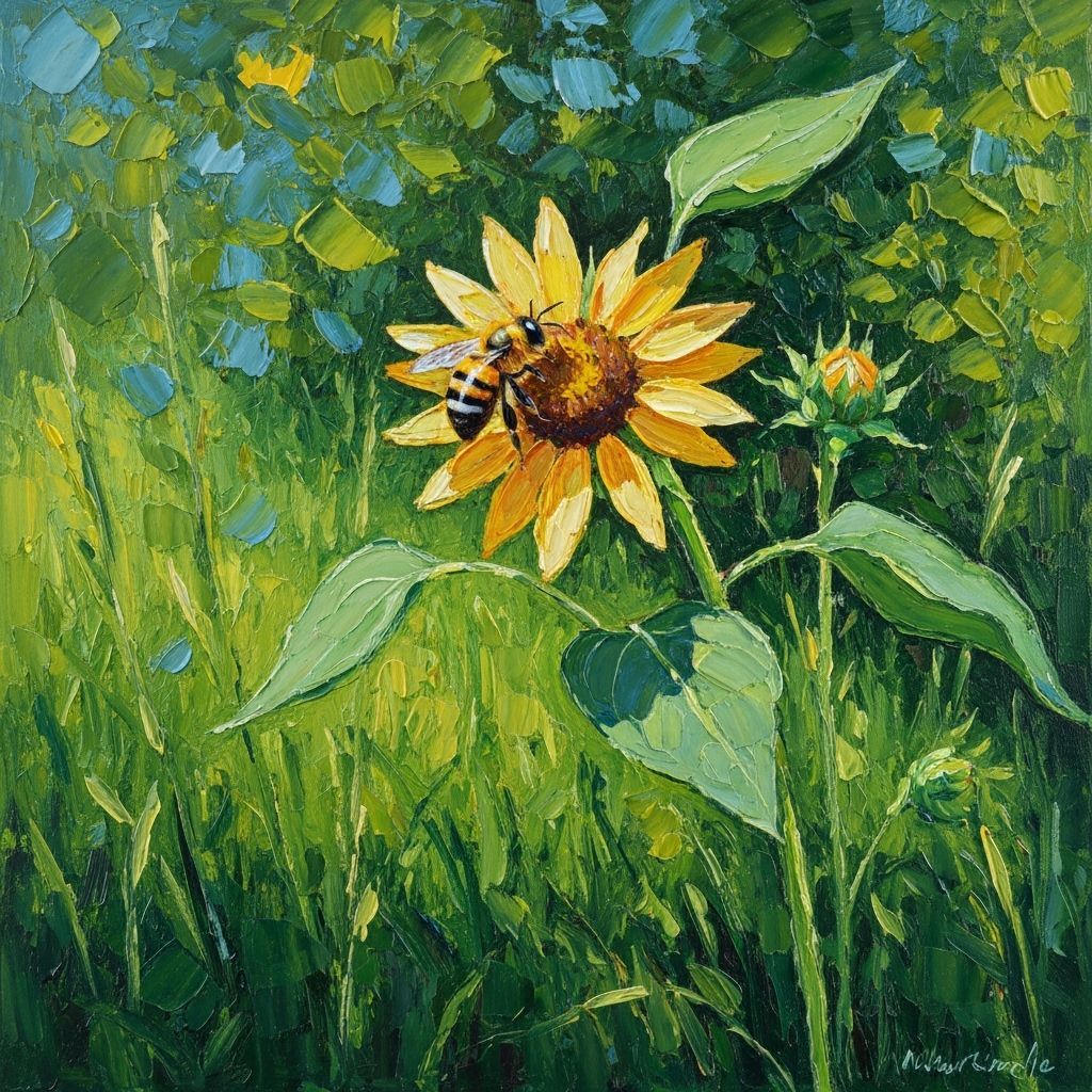 Bee on Flower in Impressionist Acrylic Impasto Style